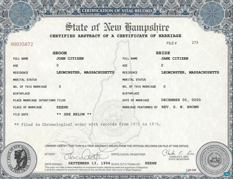 Download USA New Hampshire marriage cert Photoshop template